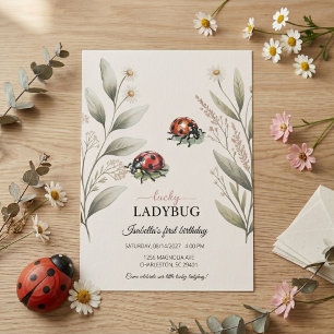 Invitación Lucky Ladybug Acuarela Floral Niña 1er Cumpleaños