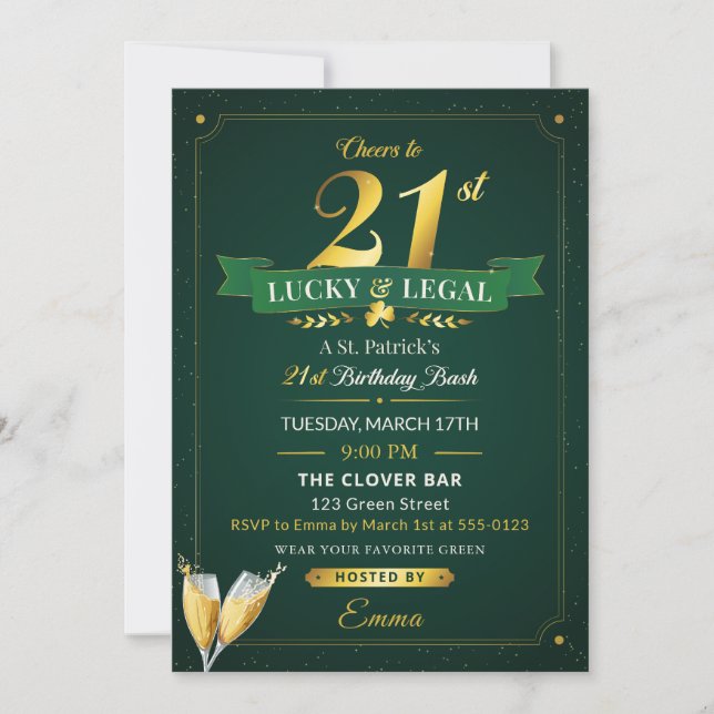 Invitación Lucky & Legal 21st Birthday Green & Gold Glitter (Anverso)
