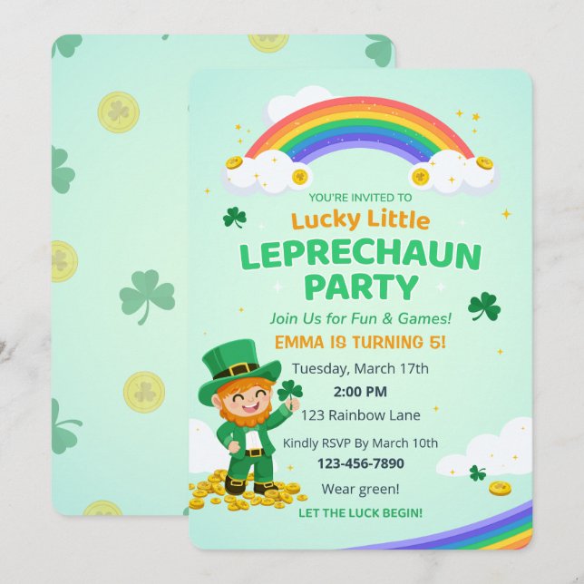 Invitación Lucky Little Leprechaun Rainbow Kid Birthday Party (Anverso / Reverso)