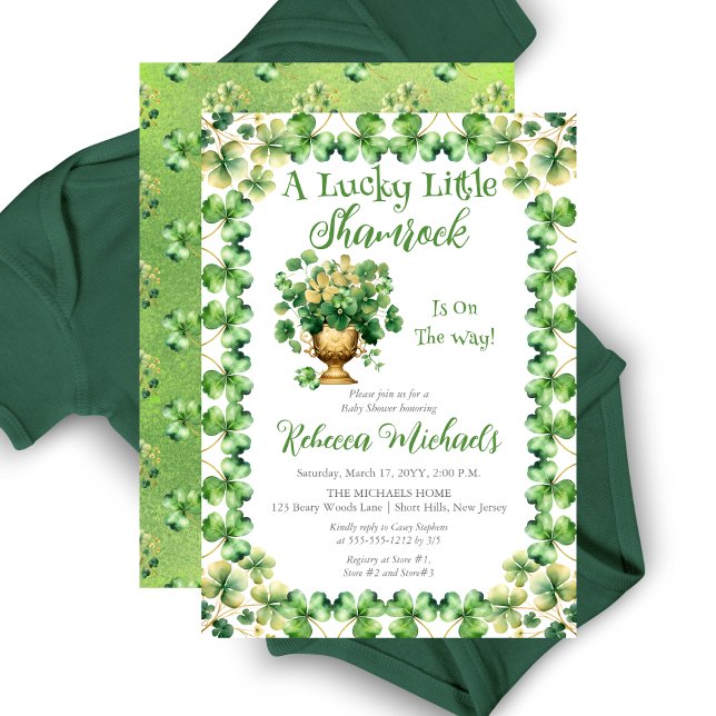 Invitación Lucky Little Shamrock St. Patrick's Baby Shower ("A Lucky Little Shamrock" St. Patrick's Day-Themed Baby Shower Invite -Gold Pot with Shamrocks )