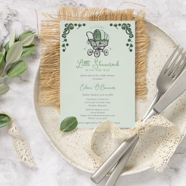 Invitación Lucky Little Shamrock St Patrics Baby Shower (Elegant Pink Irish / St Patrick's Day Baby Shower Vintage Baby Carriage & Lucky Green Shamrocks.)