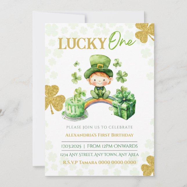 Invitación Lucky One First Birday St Patricks (Anverso)