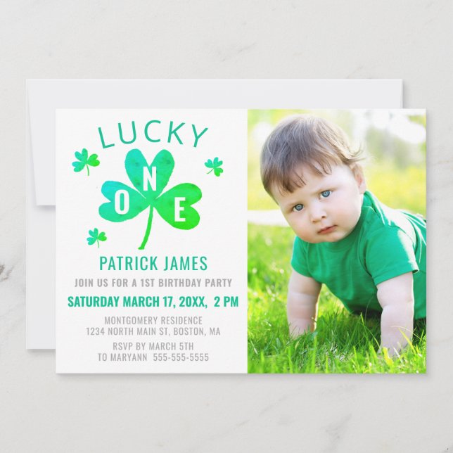 Invitación Lucky One First Birday Watercolor Shamrock Photo (Anverso)