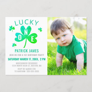 Invitación Lucky One First Birday Watercolor Shamrock Photo