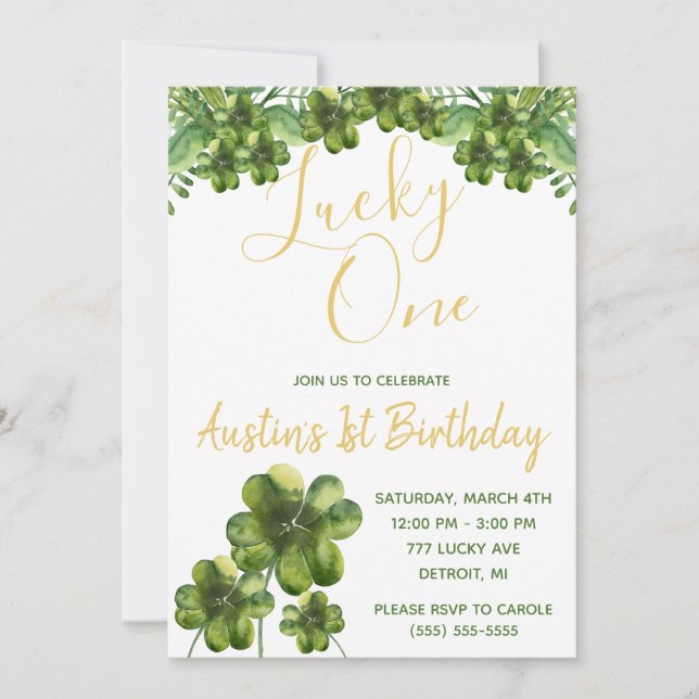 Invitación Lucky One, Four Leaf Clover First Birday (Anverso)