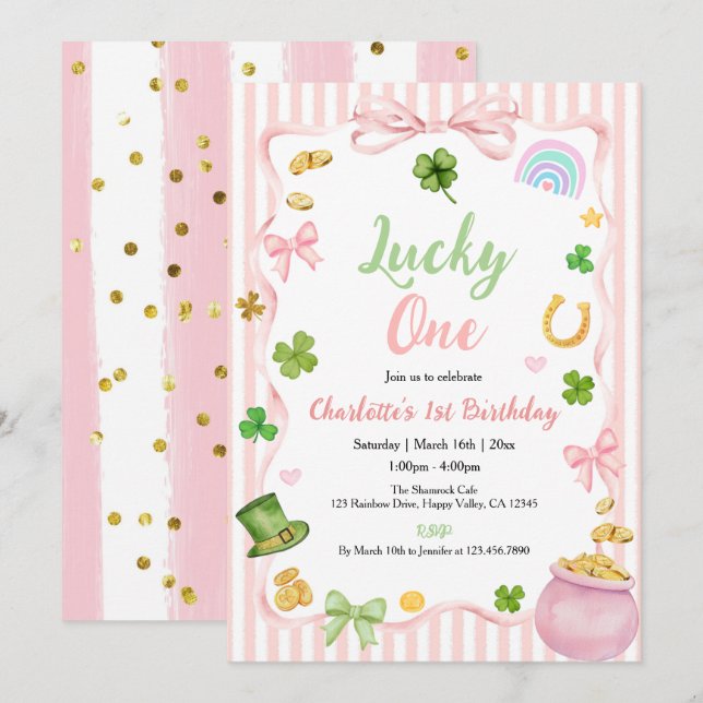 Invitación Lucky One Girl 1st Birthday Invitation Pink Gold (Anverso / Reverso)
