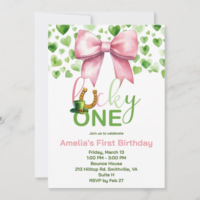 Invitación Lucky One Pink and Green First Birday (Anverso)