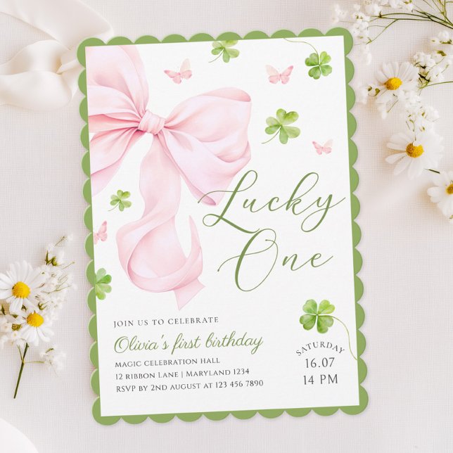 Invitación Lucky One Pink Bow 1st Birthday Invitation (Subido por el creador)