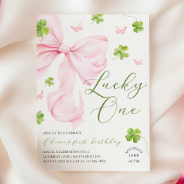 Invitación Lucky One Pink Bow 1st Birthday Invitation