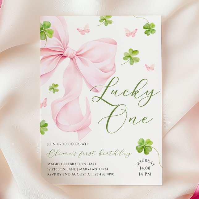 Invitación Lucky One Pink Bow 1st Birthday Invitation (Subido por el creador)