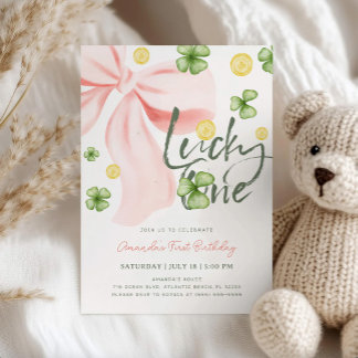 Invitación Lucky One Pink Bow St. Patrick's Girl 1st Birthday