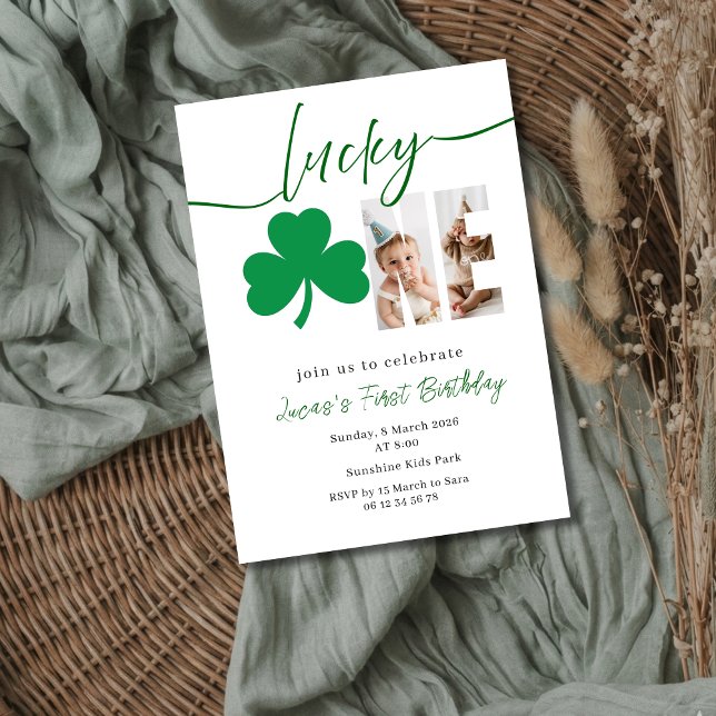 Invitación Lucky Shamrock Foto de Primer Cumpleaños Editable (Subido por el creador)