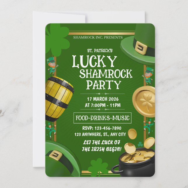 Invitación Lucky Shamrock Party St. Paddy's Day Customizable (Anverso)