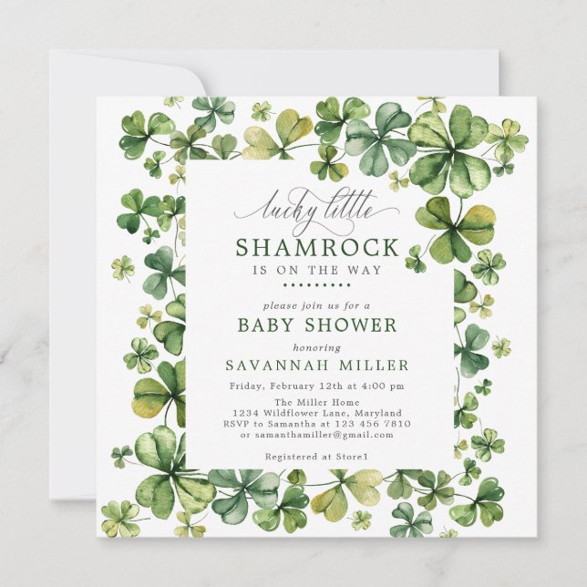 Invitación Lucky Shamrock Spring 4 Leaf Clover Baby Shower (Anverso)