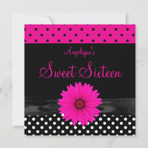 Invitación Lugar de cumpleaños Sweet 16 Lunares Negro Blanco 