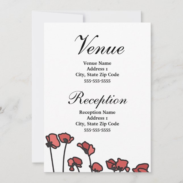 Invitación Lugar de Enlace Floral para Bodas con Amapolas Roj (Anverso)