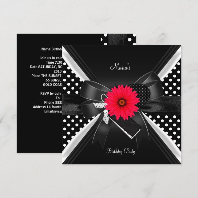 Invitación Lugar de fiesta de cumpleaños Lunares Negro Blanco (Anverso / Reverso)
