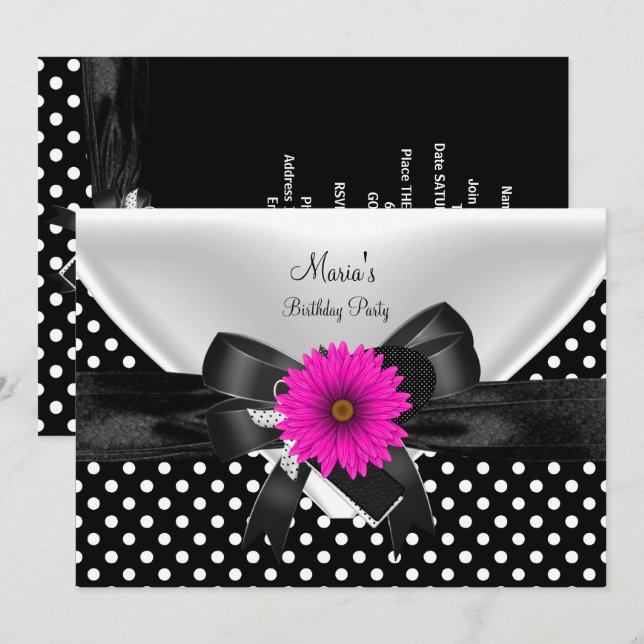 Invitación Lugar de fiesta de cumpleaños Lunares Negro Blanco (Anverso / Reverso)