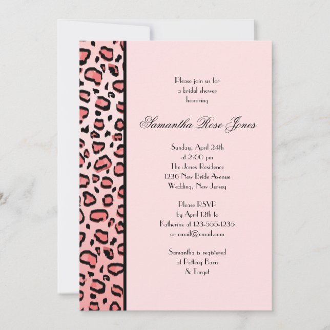 Invitación Lugar de impresión de leopardo rosa ducha de novia (Anverso)