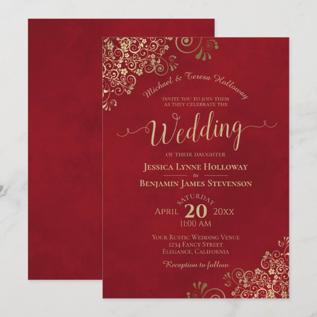 Invitación Lugar de oro en Boda formal elegante rojo Crimson (Anverso / Reverso)