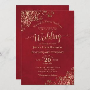 Invitación Lugar de oro en Boda formal elegante rojo Crimson