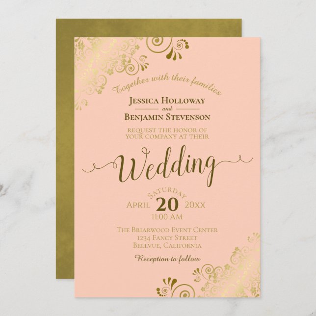 Invitación Lugar de oro en el Boda de caligrafía elegante Pea (Anverso / Reverso)