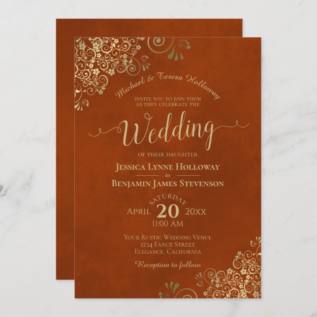Invitación Lugar de oro sobre Naranja de roya Boda elegante f (Anverso / Reverso)