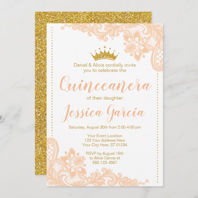 Invitación Lugar de príncipe y Purpurina princesa de oro Quin (Anverso / Reverso)