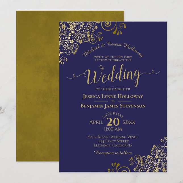 Invitación Lugar dorado en Boda formal elegante azul de la Ma (Anverso / Reverso)
