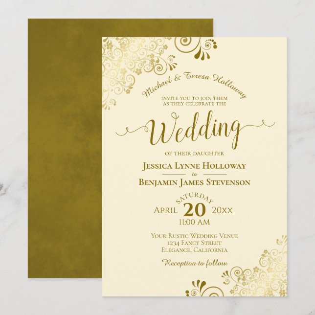 Invitación Lugar dorado en Boda formal elegante de marfil-cre (Anverso / Reverso)