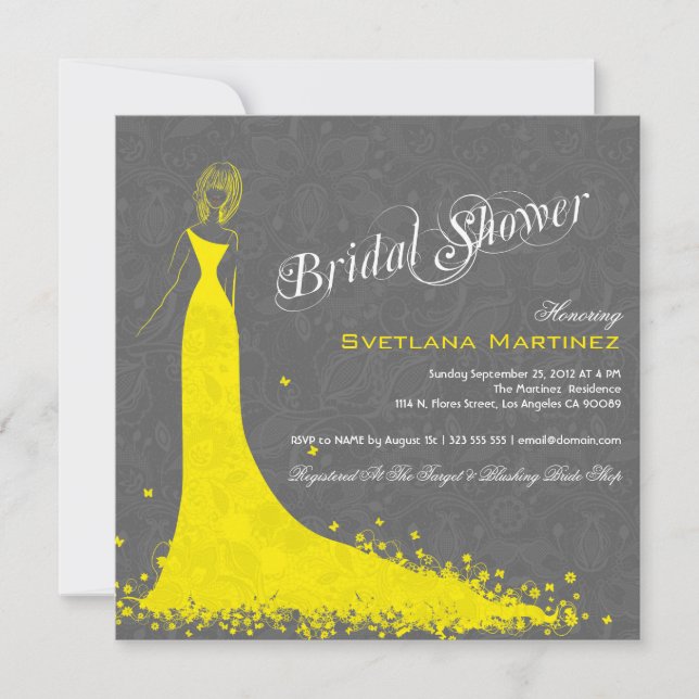 Invitación Lugar Gris Con Vestido Boda Amarillo (Anverso)