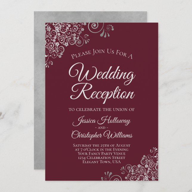 Invitación Lugar plateado en la recepción de la boda elegante (Anverso / Reverso)