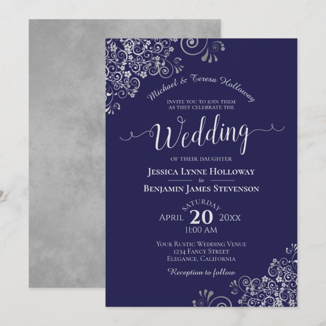 Invitación Lugar plateado sobre Boda formal elegante azul de  (Anverso / Reverso)
