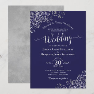 Invitación Lugar plateado sobre Boda formal elegante azul de