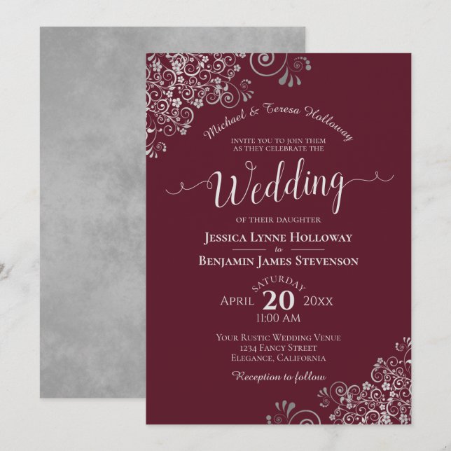 Invitación Lugar plateado sobre el Boda formal elegante de Bo (Anverso / Reverso)