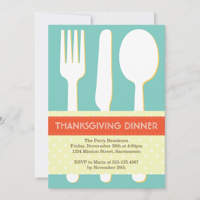 Invitación Lugar Utensil naranja de acción de gracias azul (Anverso)