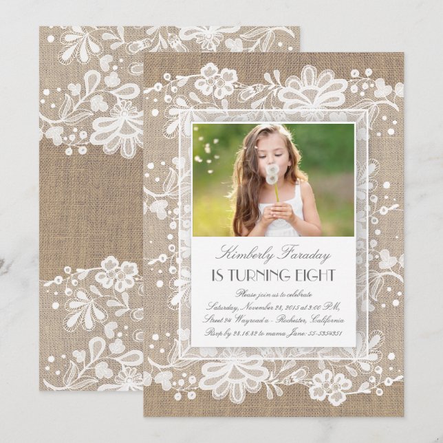 Invitación Lugar y Burlap Vintage Elegante foto Cumpleaños (Anverso / Reverso)