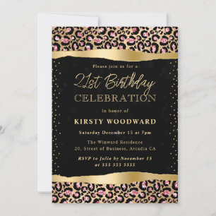 Invitación Lugares de leopardo con brillo rosa y dorado Cumpl