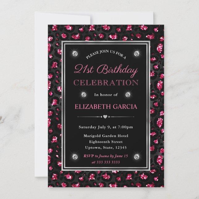 Invitación Lugares de leopardo con brillo rosa y negro Cumple (Anverso)