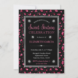 Invitación Lugares de leopardo con brillo rosa y negro Cumple
