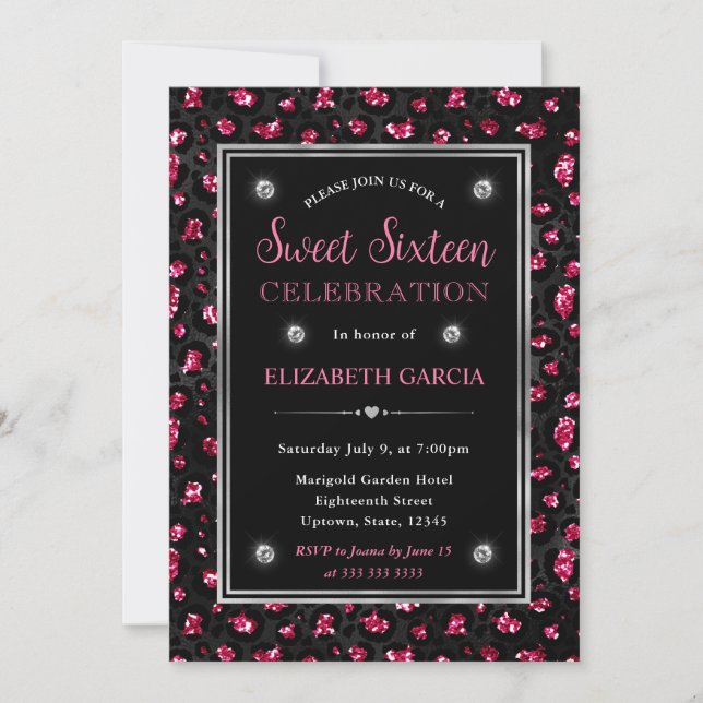 Invitación Lugares de leopardo con brillo rosa y negro Cumple (Anverso)