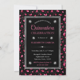 Invitación Lugares de leopardo con brillo rosa y negro Quince
