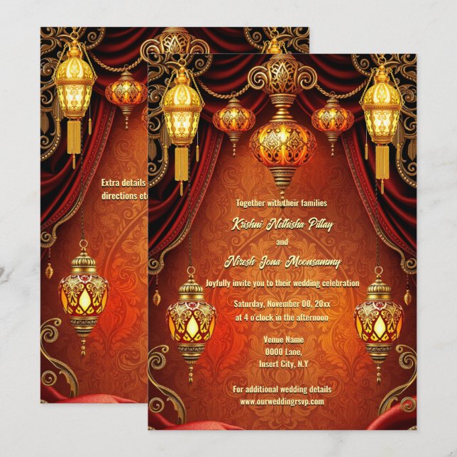 Invitación Lugares indios lujosos decorativos de oro naranja (Anverso / Reverso)