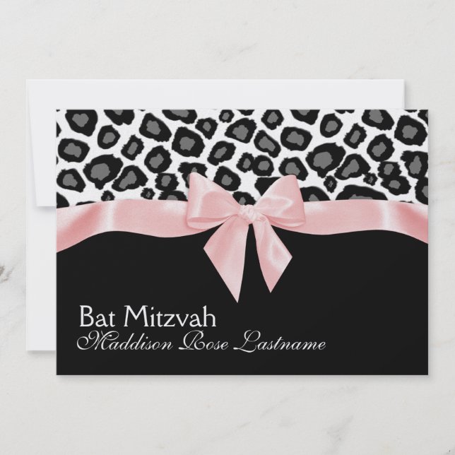 Invitación Lugares leopardo y bate de cinta rosa Mitzvah (Anverso)