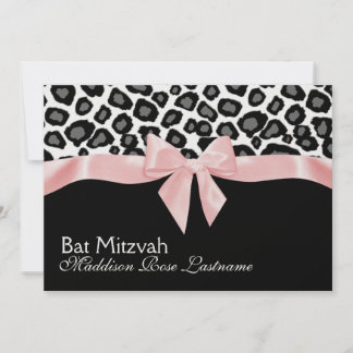 Invitación Lugares leopardo y bate de cinta rosa Mitzvah