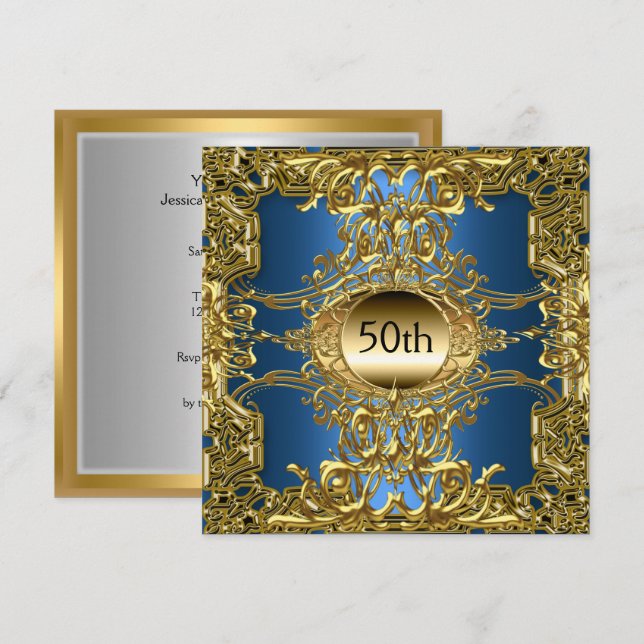 Invitación Lujo 50.º Dorado Blue Birthday Party Gold Blue (Anverso / Reverso)