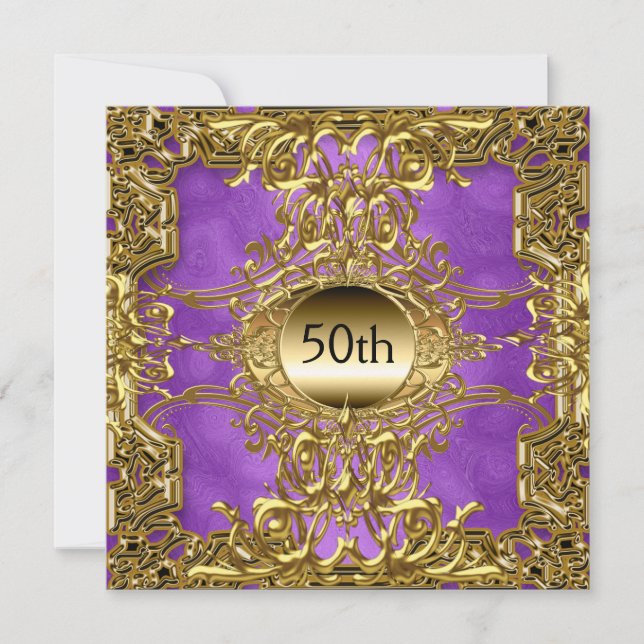 Invitación Lujo 50.º oro Púrpura Fiesta de Cumpleaños Oro (Anverso)