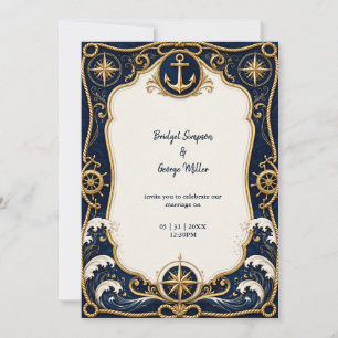 Invitación Lujo Ancla de Boda Náutica Navy Oro