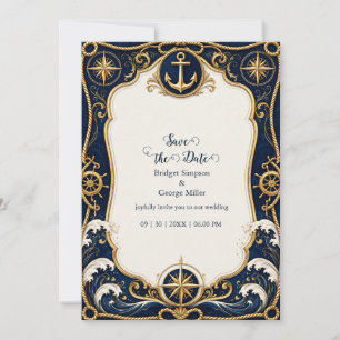 Invitación Lujo Ancla de Boda Náutica Navy Oro