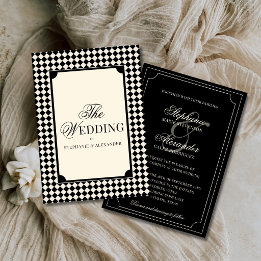 Invitación Lujo Antiguo Dinero Negro y Marfil A Cuadros Boda